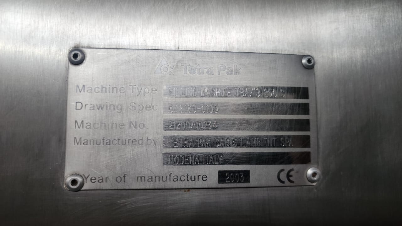 USED TETRA PAK TBA 19 250ML SLIM FILLING LINE FOR SALE YEAR 2003